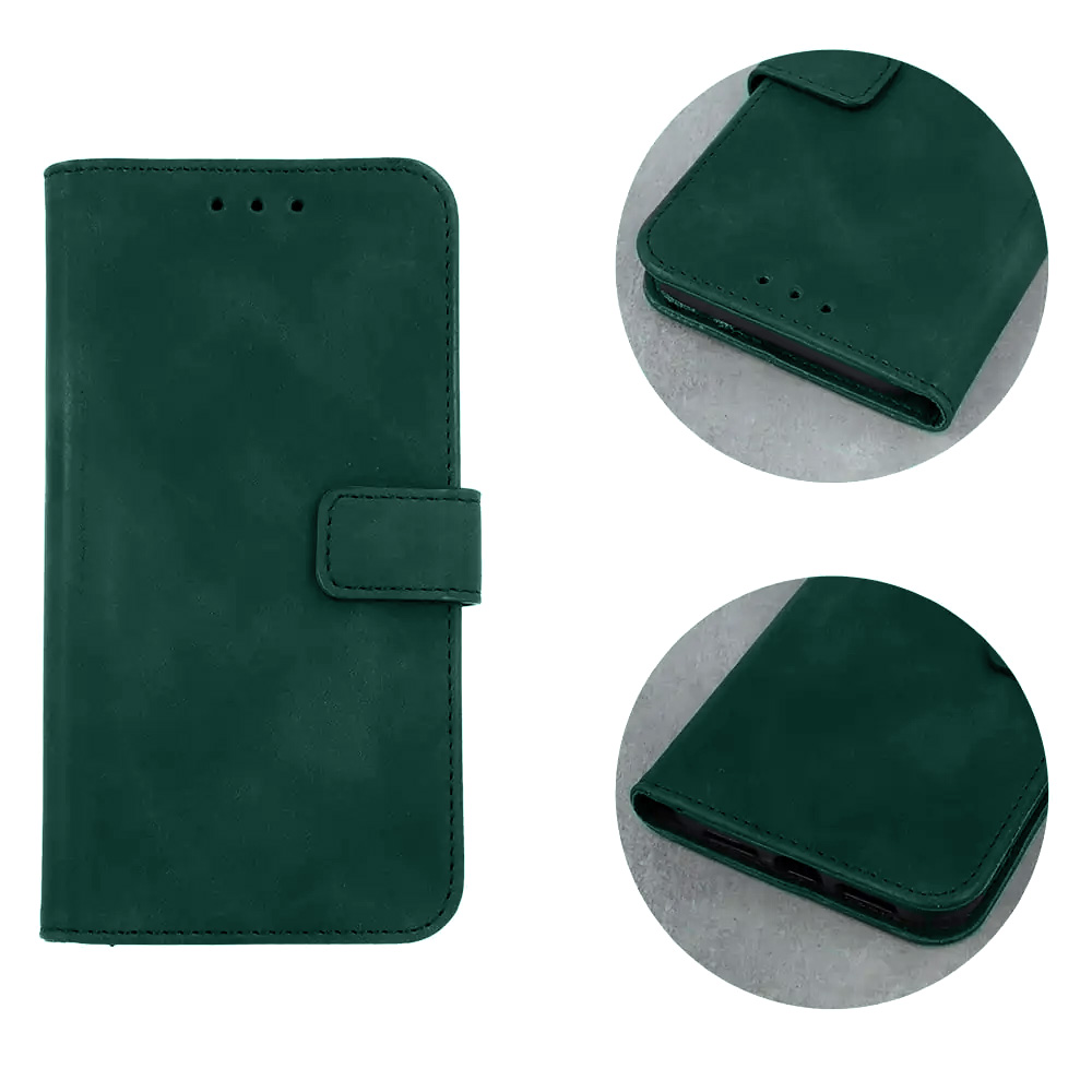 Etui do iPhone 13 Pro eko skóra zamykane eleganckie, ciemnozielone
