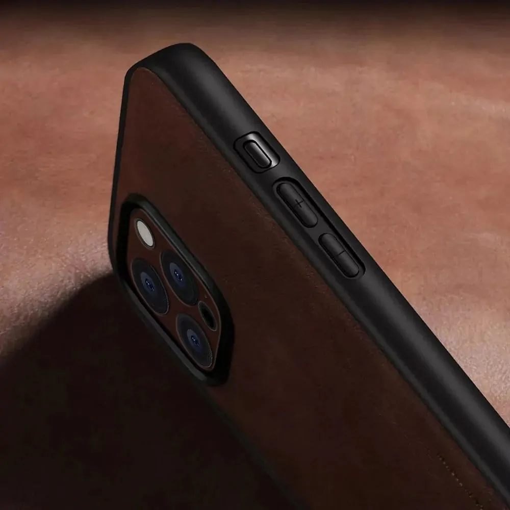 Etui do iPhone 14 Pro eleganckie luksusowe skórzane Velvet Bronze SULADA oryginal, osłona na aparat, brązowe