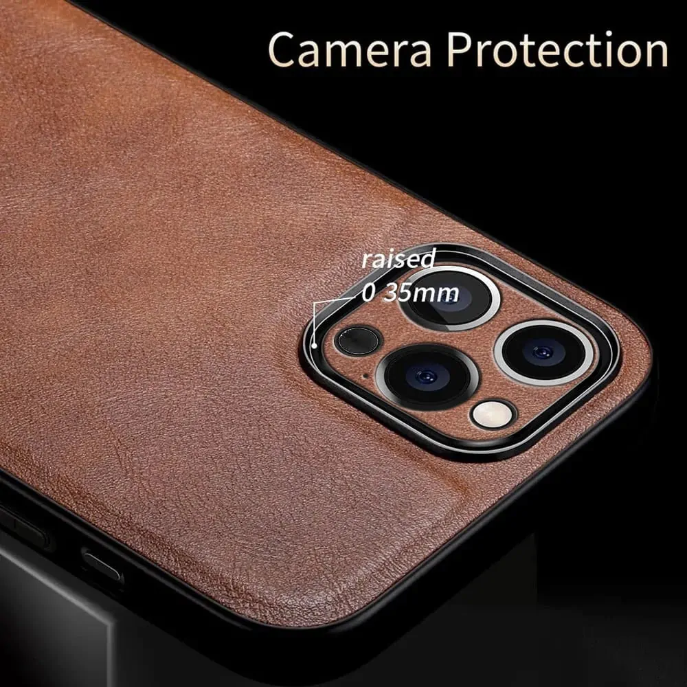 Etui do iPhone 14 Pro eleganckie luksusowe skórzane Velvet Bronze SULADA oryginal, osłona na aparat, brązowe