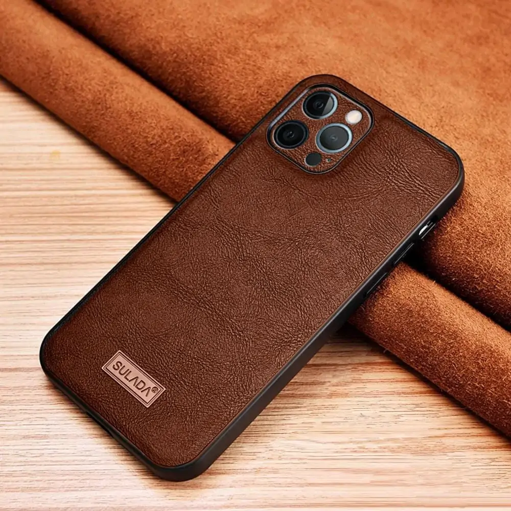 Etui do iPhone 14 Pro eleganckie luksusowe skórzane Velvet Bronze SULADA oryginal, osłona na aparat, brązowe