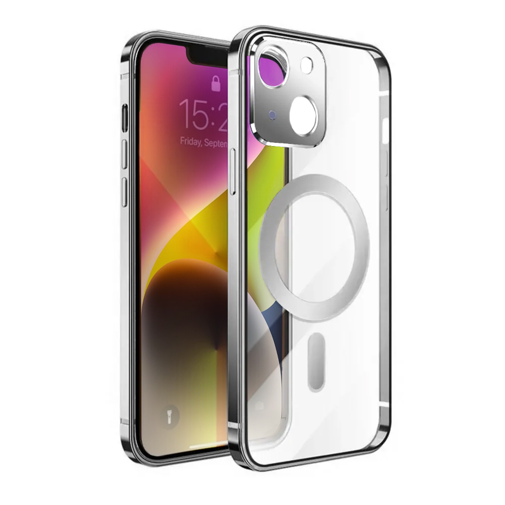 Etui do iPhone 14 Ibizu Elite Skin, krystalicznie czyste z metalową ramką, srebrne z MagSafe
