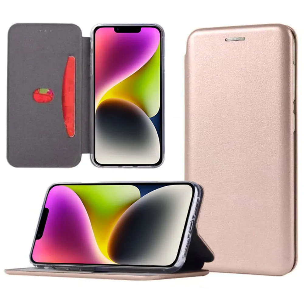 Etui do iPhone 14 klasyczne z magnetyczną klapką złoty róż