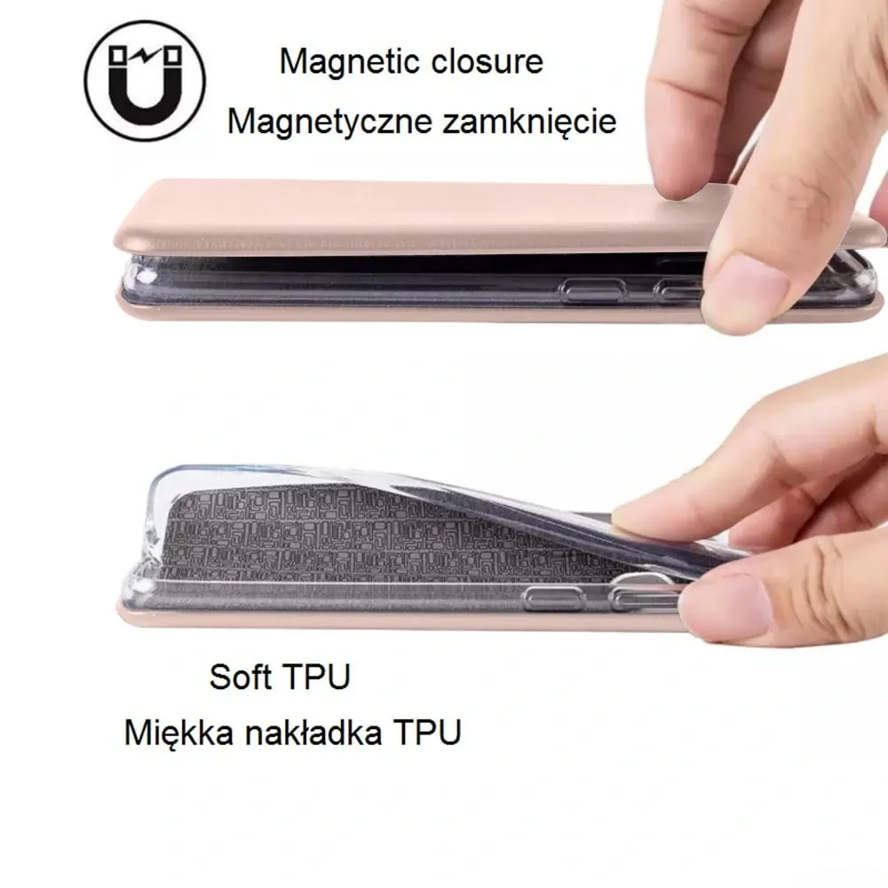 Etui do iPhone 14 klasyczne z magnetyczną klapką złoty róż