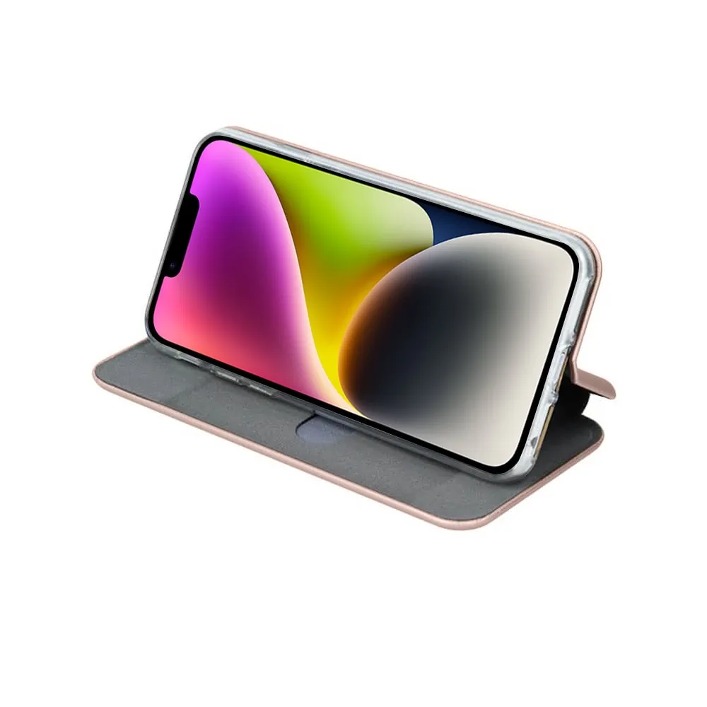 Etui do iPhone 14 klasyczne z magnetyczną klapką złoty róż