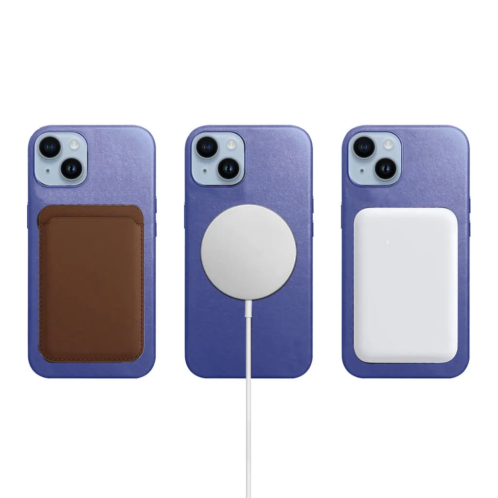 Etui do iPhone 14 biznesowe skórzane z MagSafe, eleganckie, fioletowe