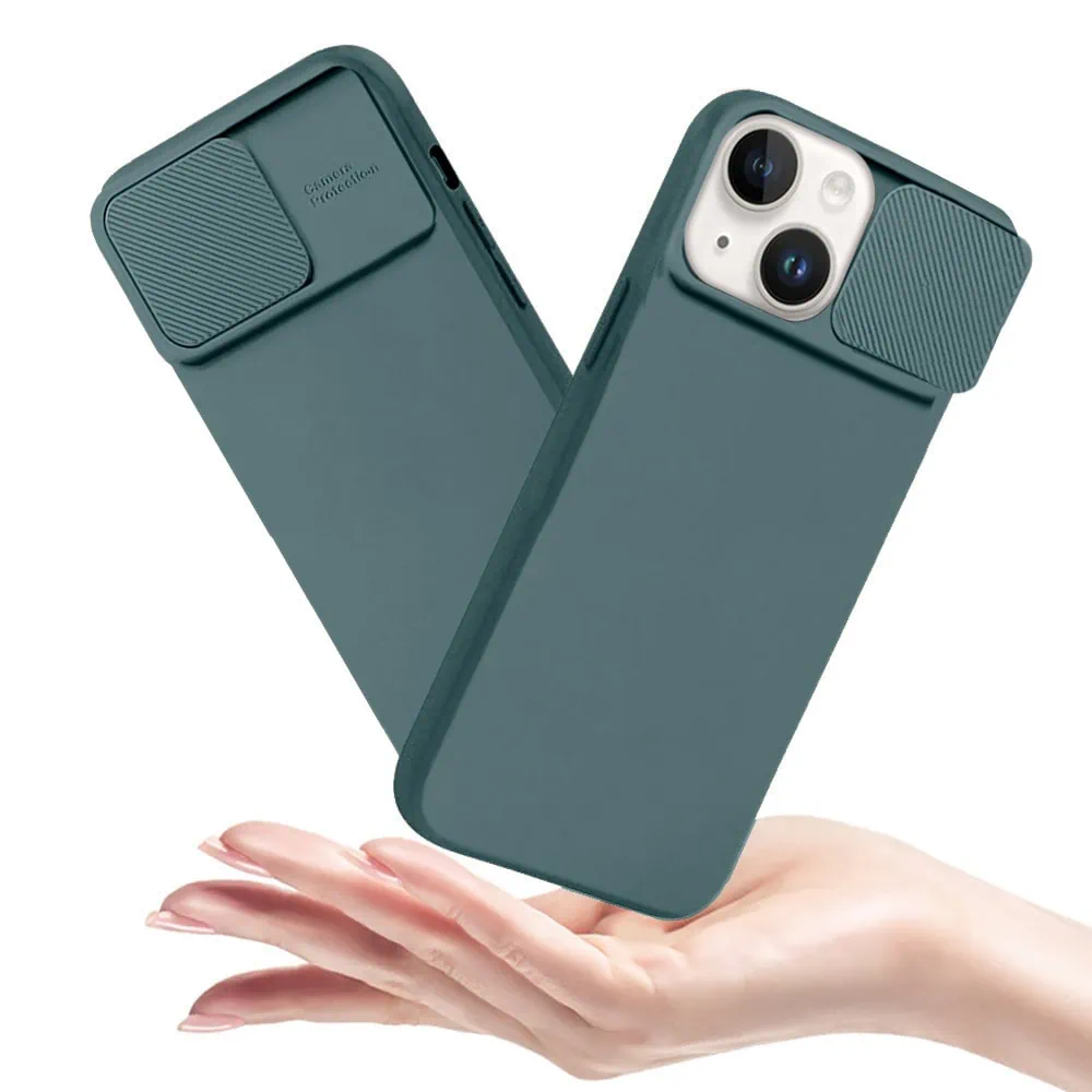 Etui do iPhone 14 Plus Silicone Camera Cover, ruchoma osłona kamery, ciemnozielone