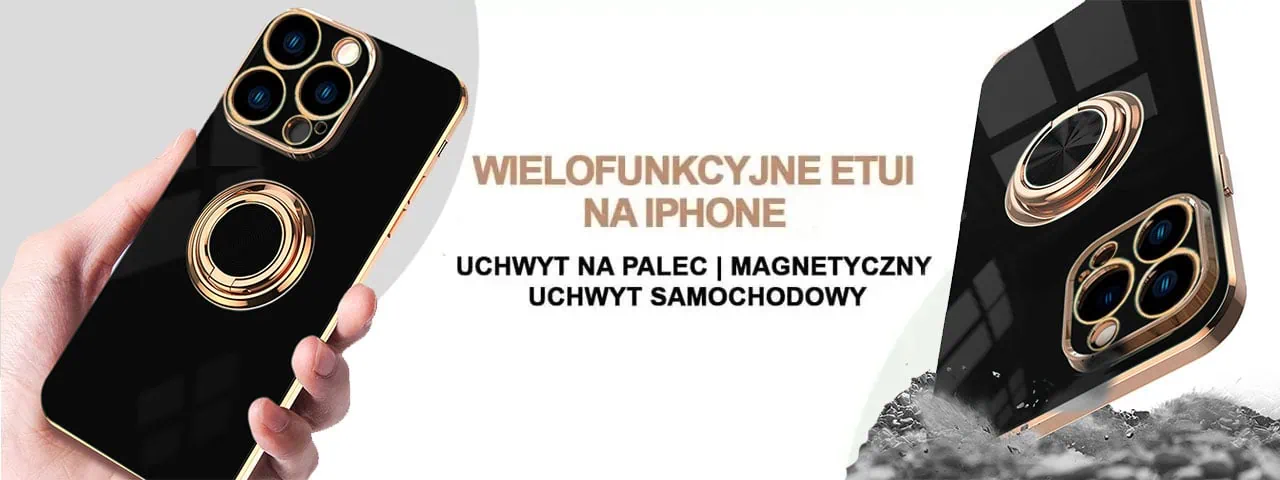 Etui do iPhone 14 Pro eleganckie, ze złotym, metalowym uchwytem i zdobieniami, osłona na aparat, czarne