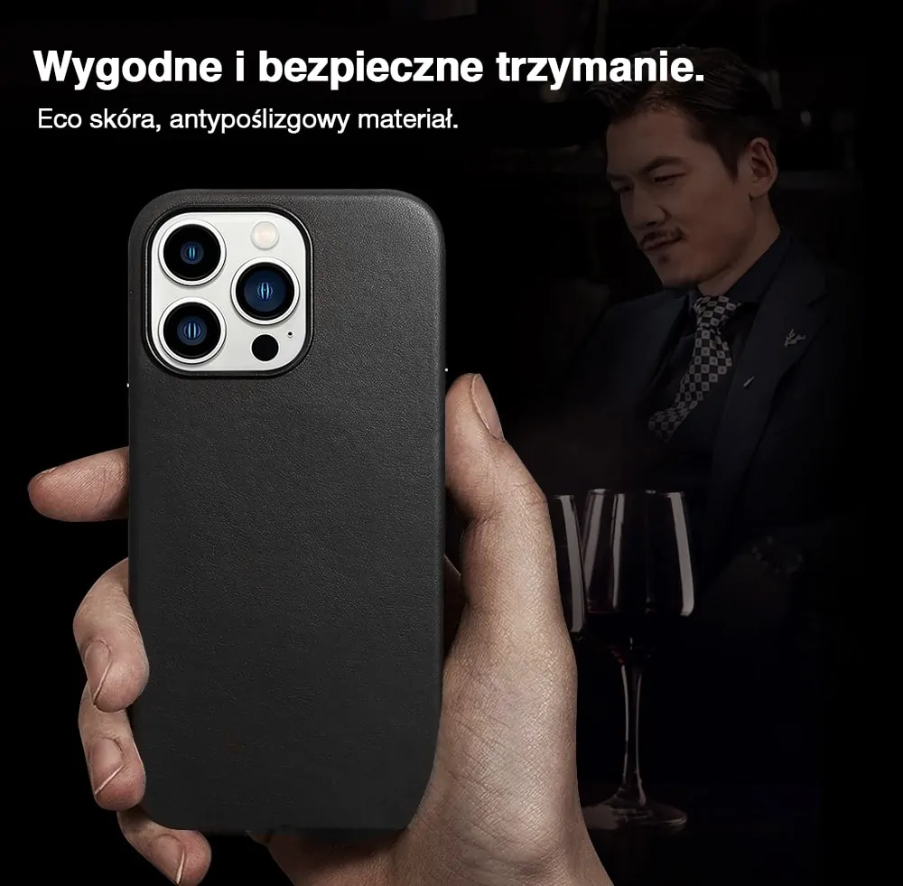 Etui do iPhone 14 Pro Max biznesowe skórzane z MagSafe, eleganckie, czarne