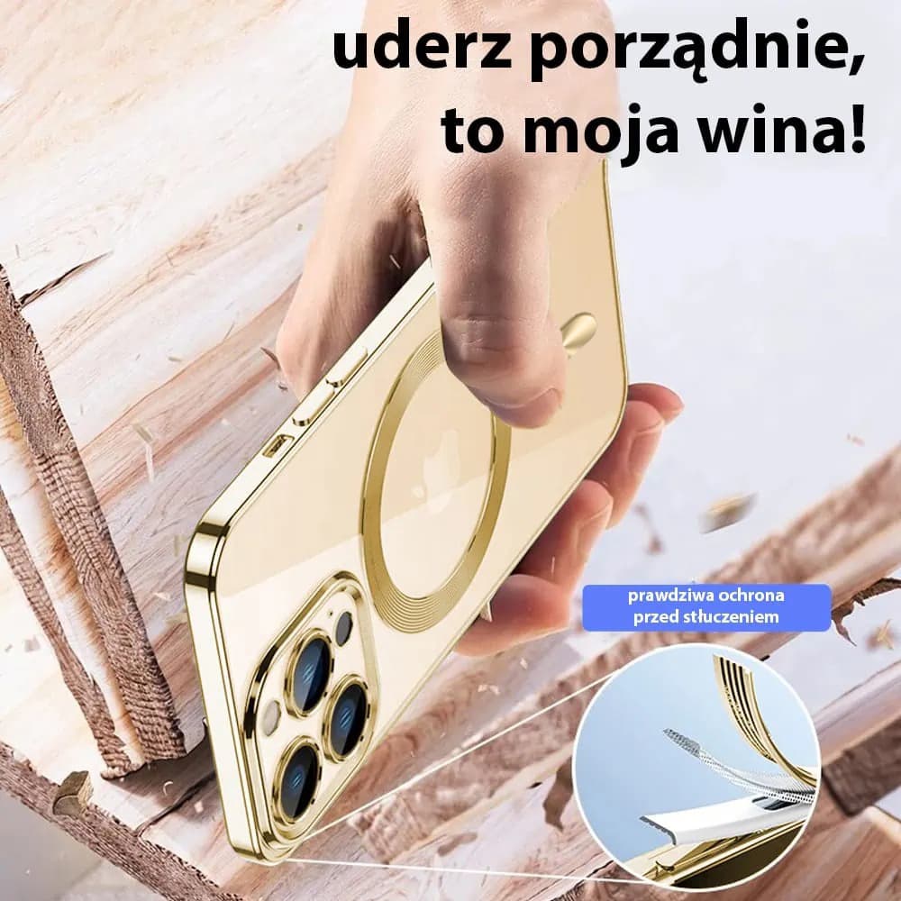 Etui do iPhone 14 Pro Max MagSafe Luxury Protect przeźroczyste, hybrydowa ochrona kamery, złote (OUTLET)
