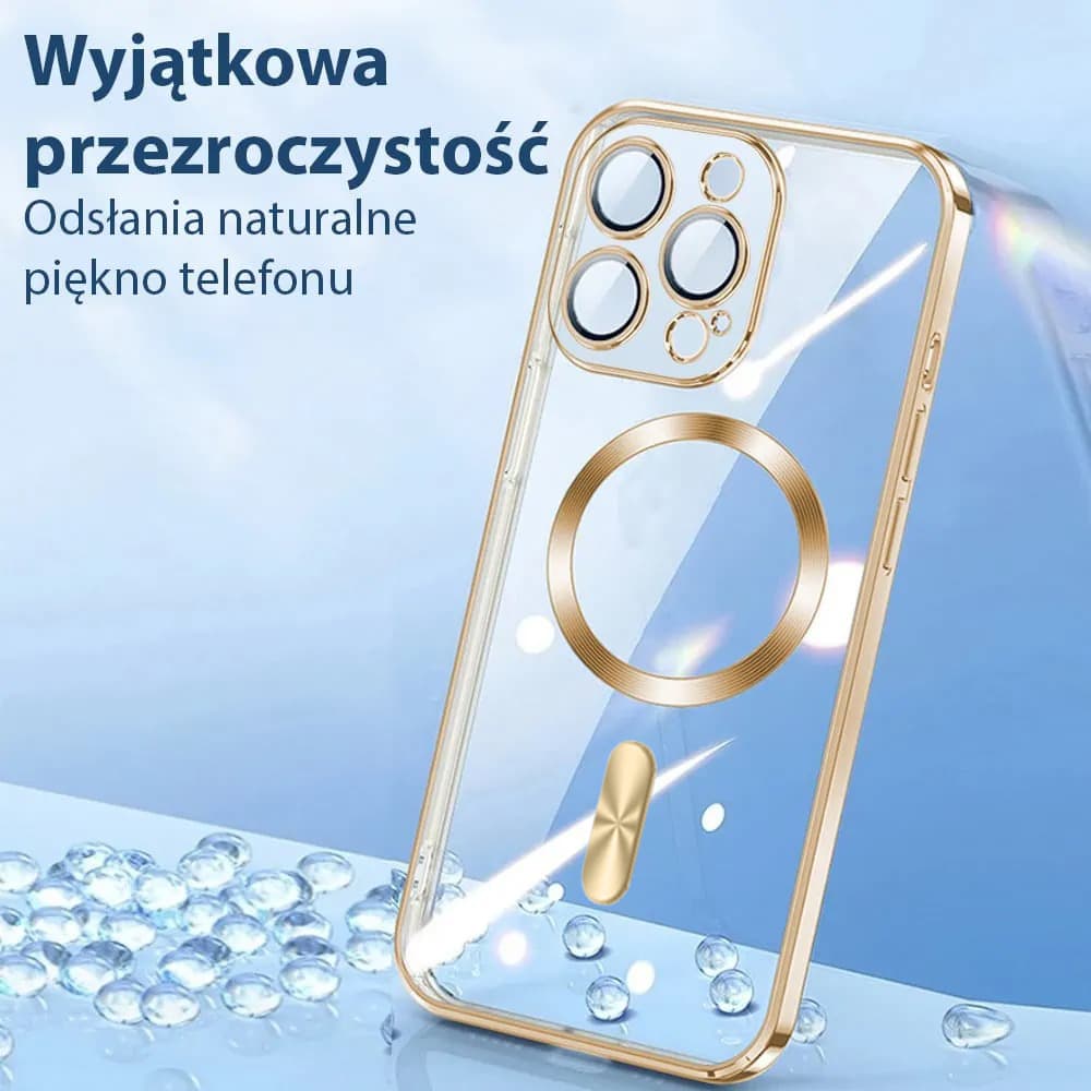 Etui do iPhone 14 Pro Max MagSafe Luxury Protect przeźroczyste, hybrydowa ochrona kamery, złote (OUTLET)