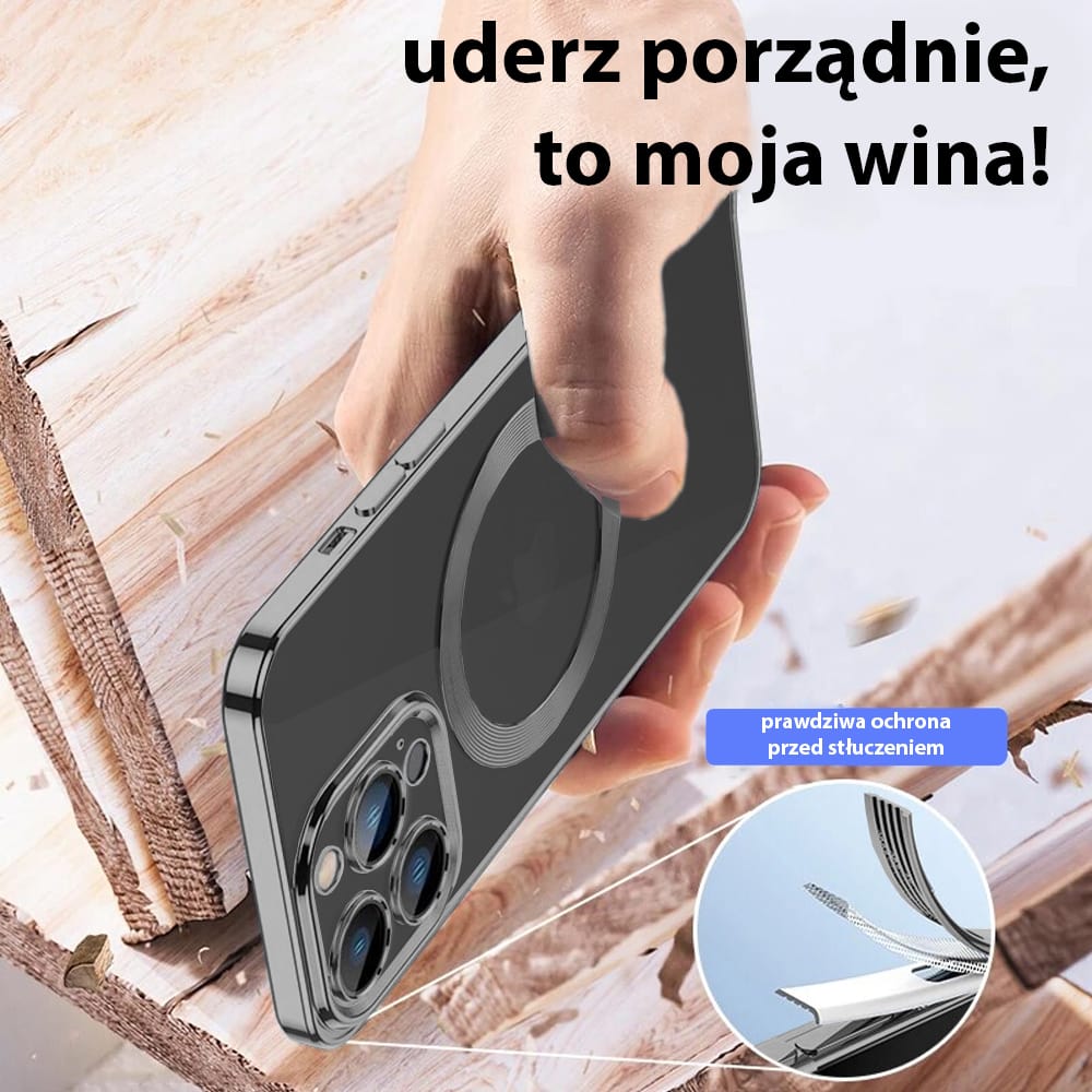 Etui do iPhone 14 Pro MagSafe Luxury Protect przeźroczyste, osłona kamery, czarne (OUTLET)