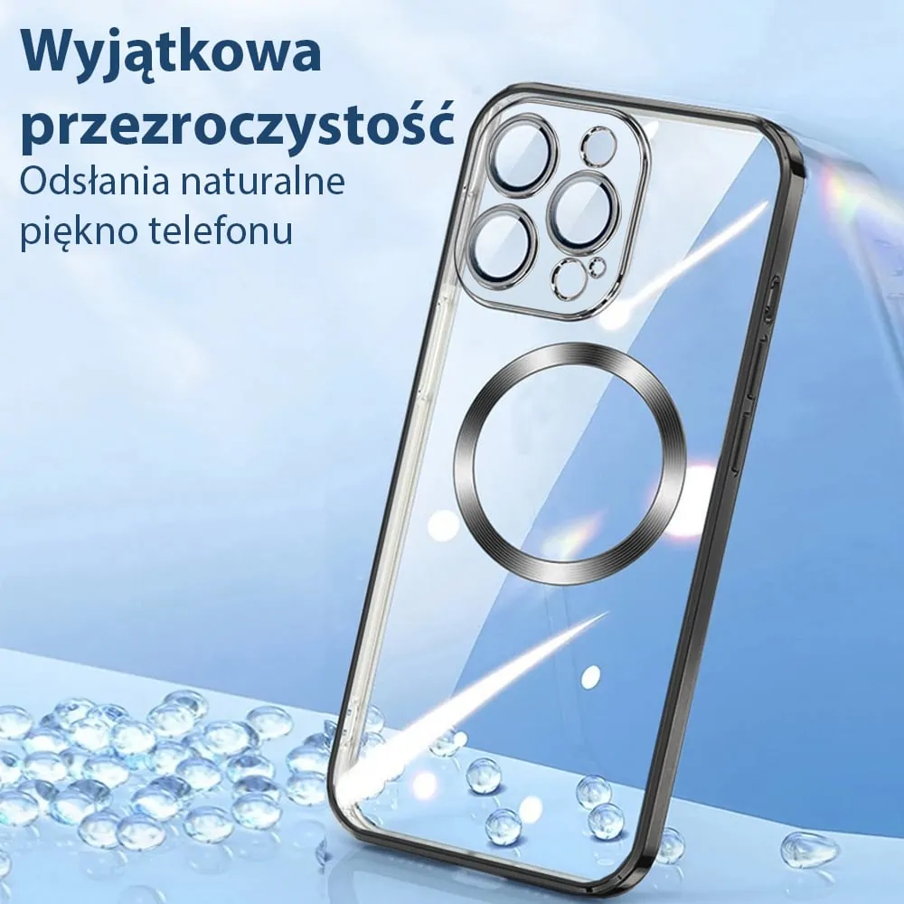 Etui do iPhone 14 Pro MagSafe Luxury Protect przeźroczyste, osłona kamery, czarne (OUTLET)