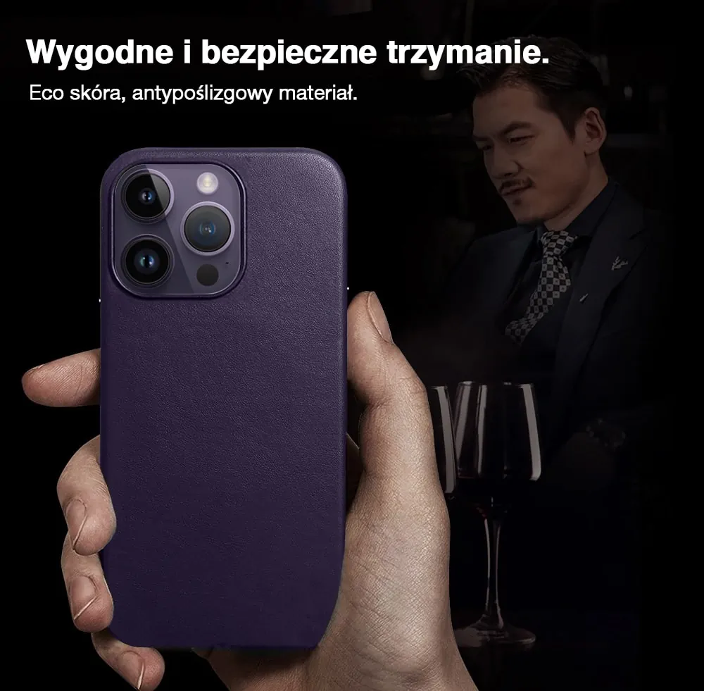Etui do iPhone 14 Pro biznesowe skórzane z MagSafe, eleganckie, purpurowe