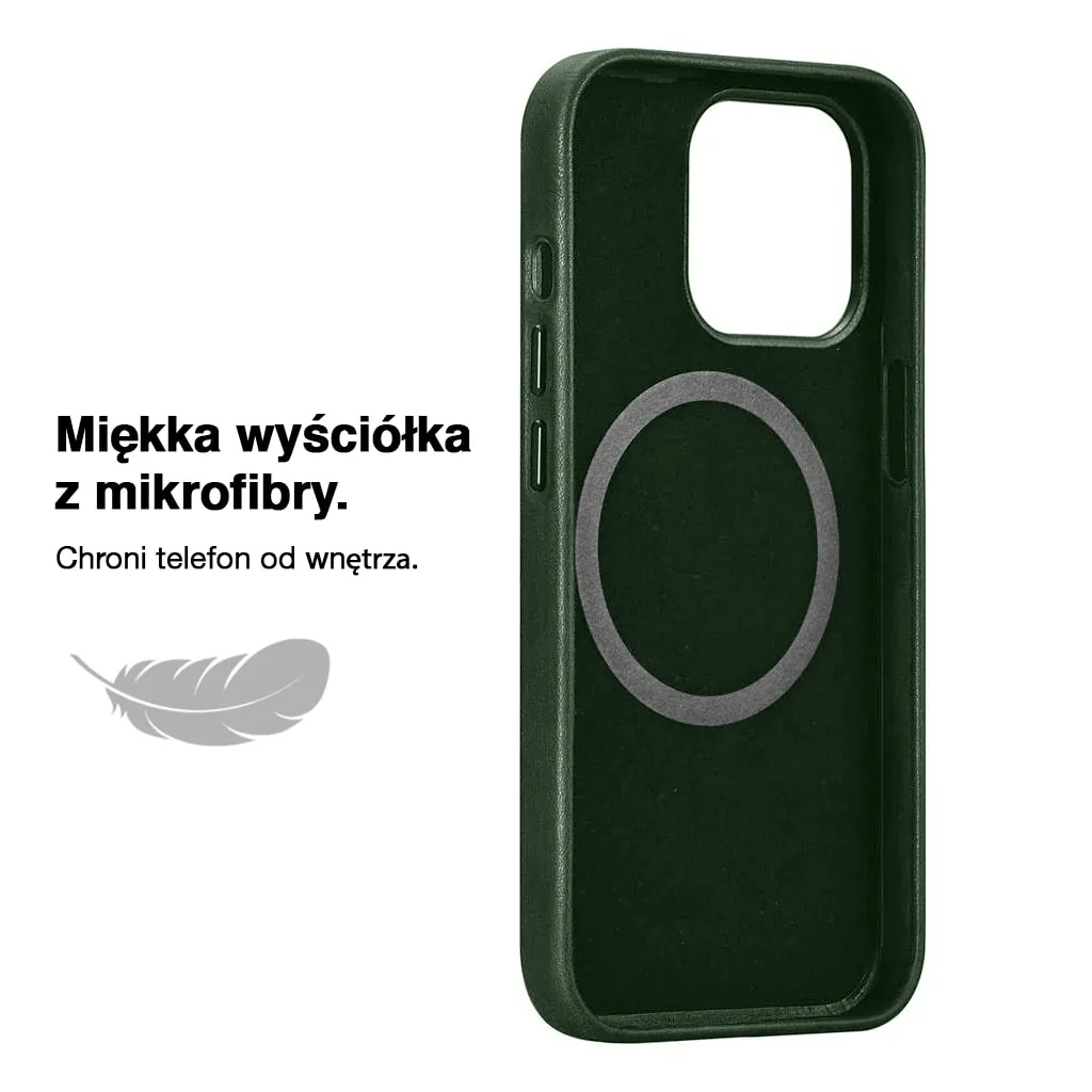 Etui do iPhone 14 Pro Max biznesowe skórzane z MagSafe, eleganckie, alpejska zieleń