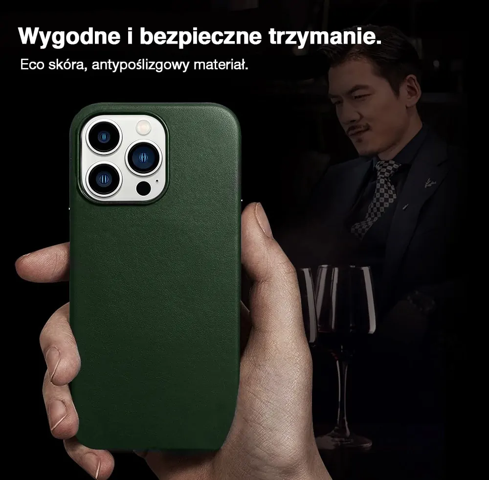 Etui do iPhone 14 Pro Max biznesowe skórzane z MagSafe, eleganckie, alpejska zieleń