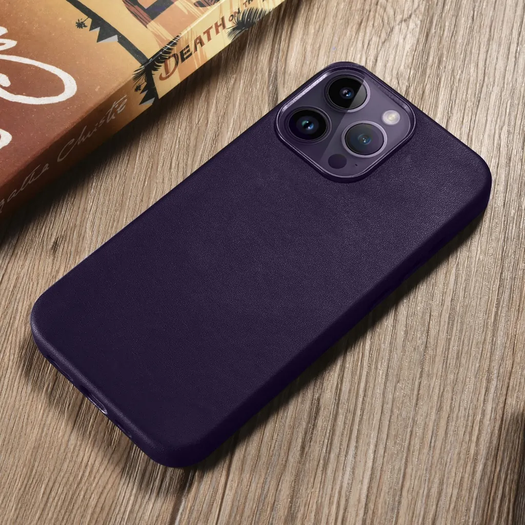 Etui do iPhone 14 Pro biznesowe skórzane z MagSafe, eleganckie, purpurowe