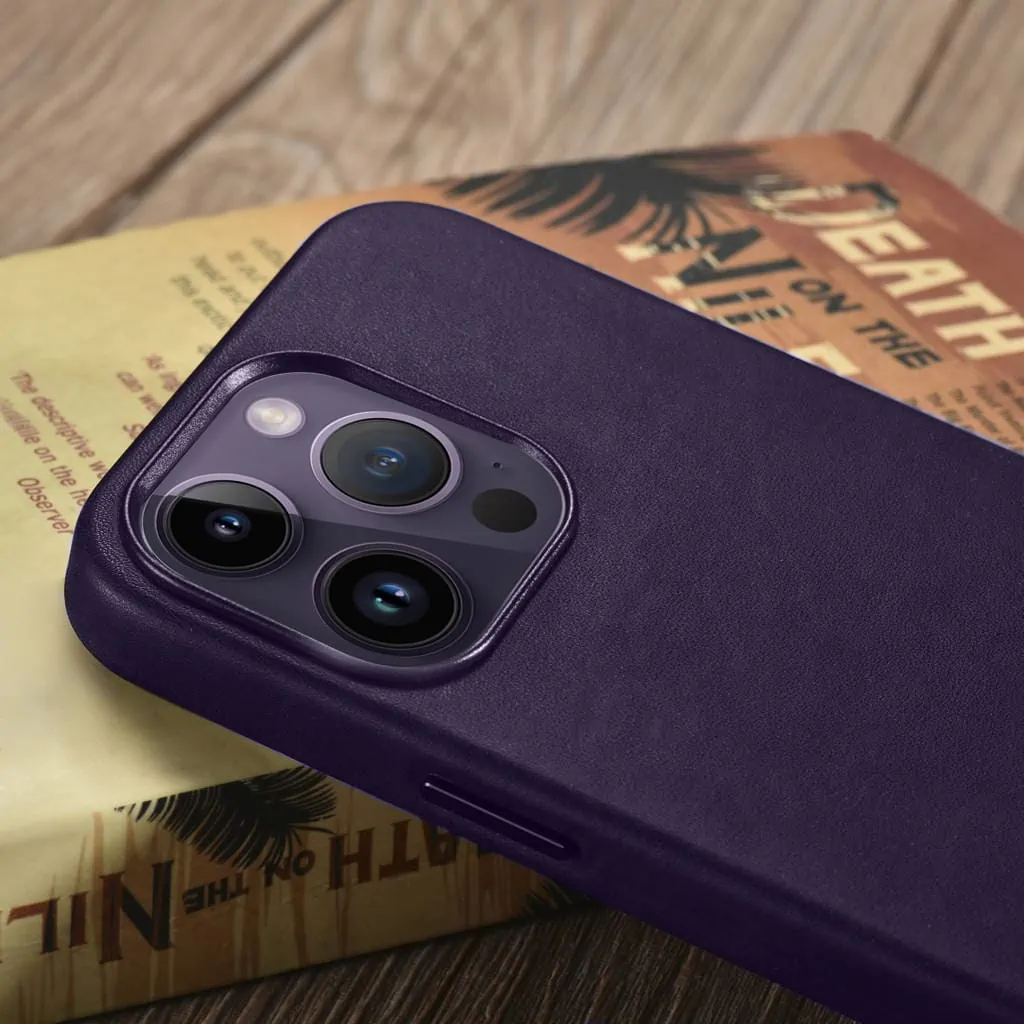 Etui do iPhone 14 Pro biznesowe skórzane z MagSafe, eleganckie, purpurowe