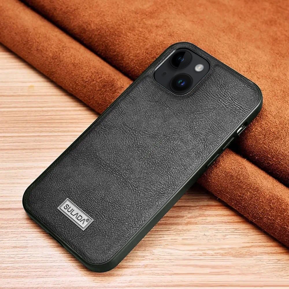 Etui do iPhone 14 Plus eleganckie luksusowe skórzane Velvet Black SULADA oryginal czarne