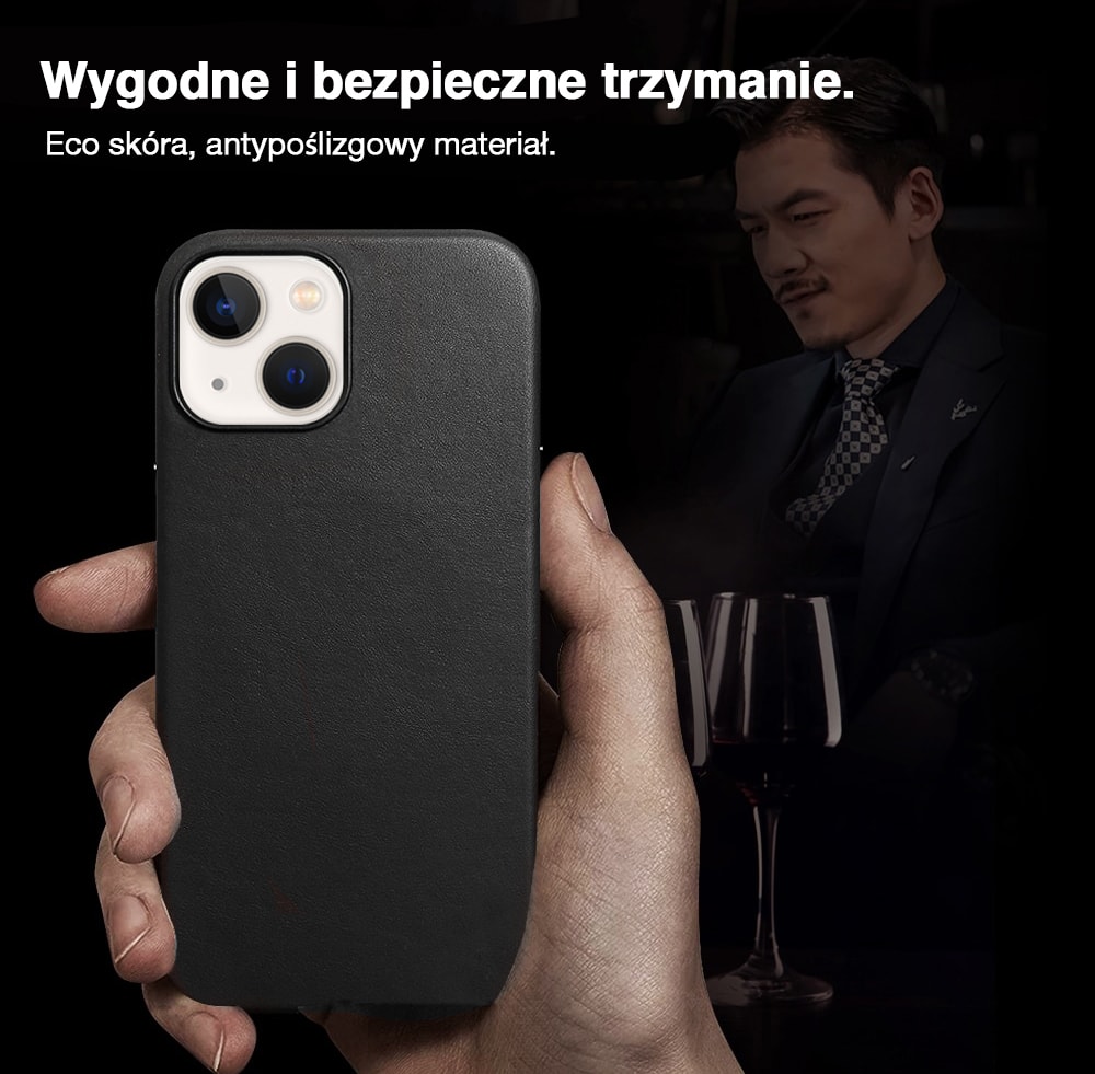 Etui do iPhone 14 biznesowe skórzane z MagSafe, eleganckie, czarne