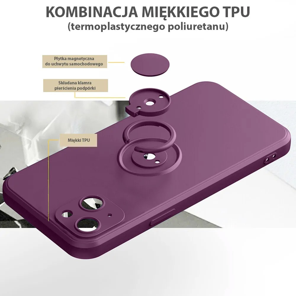 Etui do iPhone 14 Magnetic Ring matowe nie widać śladów, uchwyt magnetyczny, fioletowy