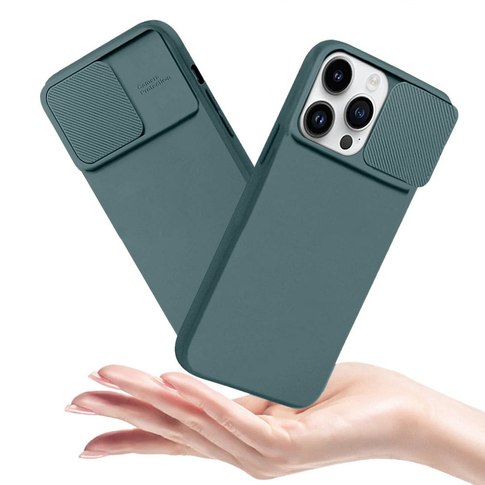 Etui do iPhone 14 Pro Max Silicone Camera Cover, ruchoma osłona kamery, ciemnozielone