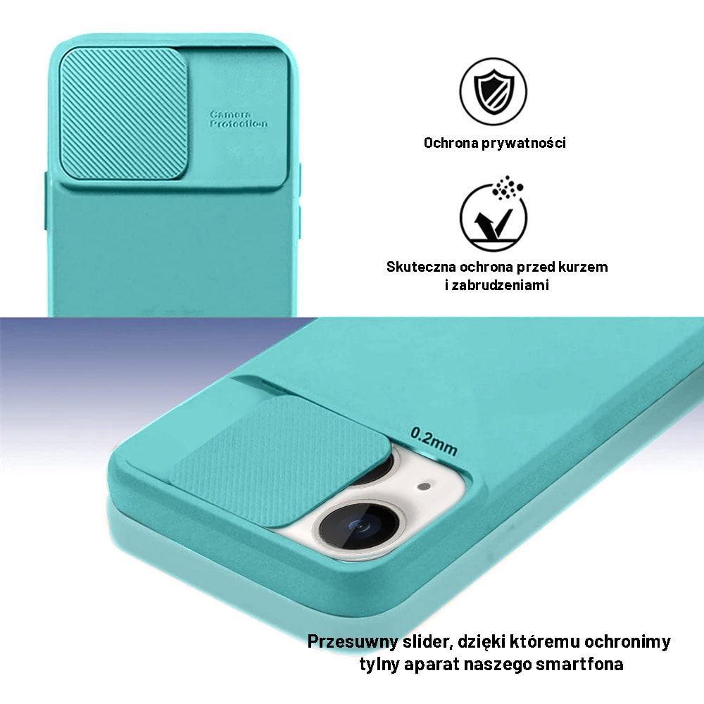 Etui do iPhone 14 Plus Silicone Camera Cover, ruchoma osłona kamery, miętowe