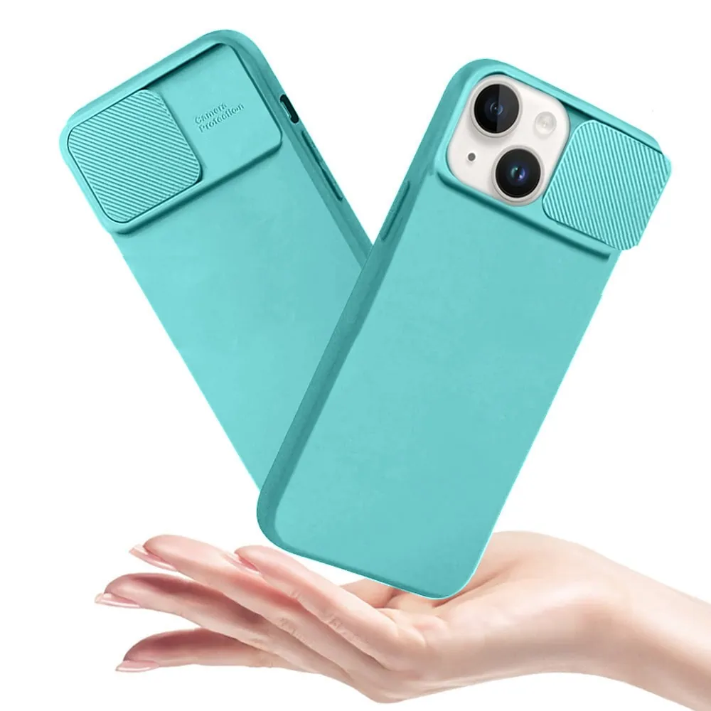 Etui do iPhone 14 Plus Silicone Camera Cover, ruchoma osłona kamery, miętowe