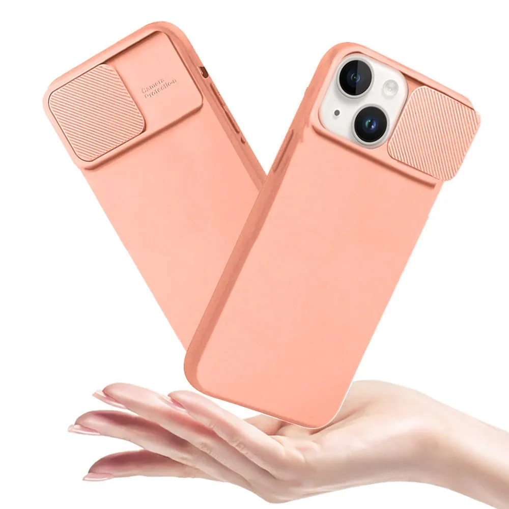 Etui do iPhone 14 Plus Silicone Camera Cover, ruchoma osłona kamery, łososiowe