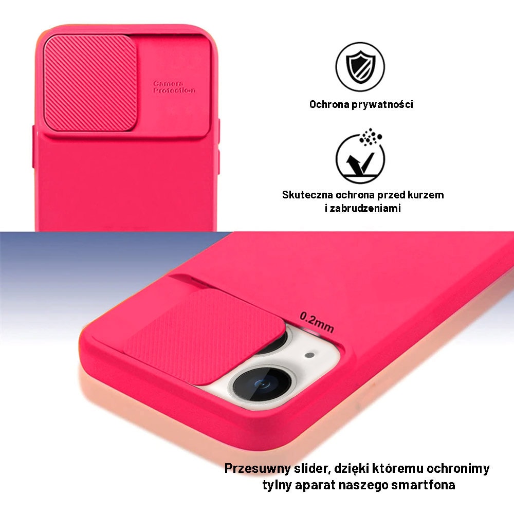Etui do iPhone 14 Plus Silicone Camera Cover, ruchoma osłona kamery, neonowy róż
