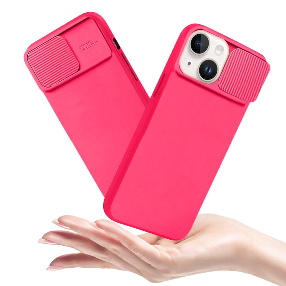 Etui do iPhone 14 Plus Silicone Camera Cover, ruchoma osłona kamery, neonowy róż