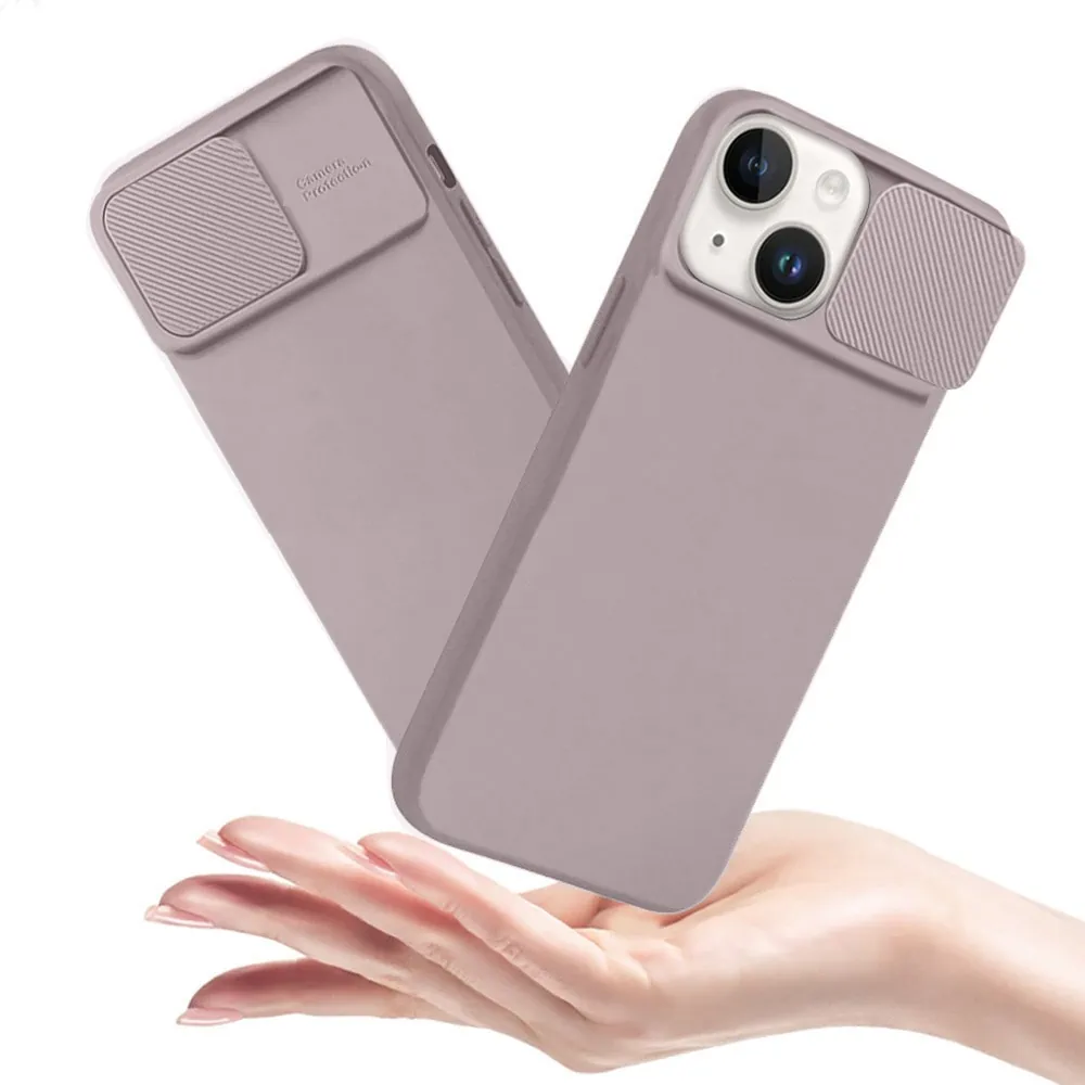 Etui do iPhone 14 Plus Silicone Camera Cover, ruchoma osłona kamery, szaro-beżowe