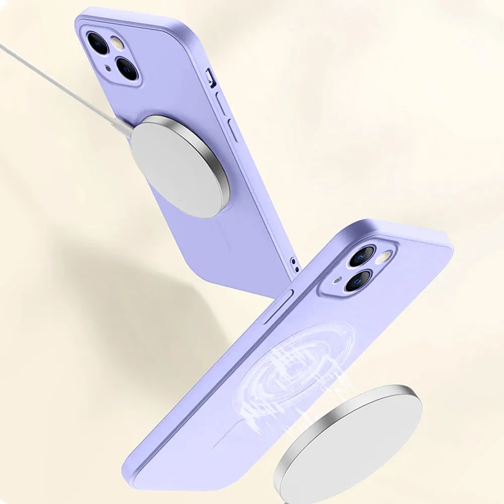 Etui do iPhone 14 Plus silikonowe z mikrofibrą Premium Soft Touch MagSafe, ochrona aparatu, fioletowe