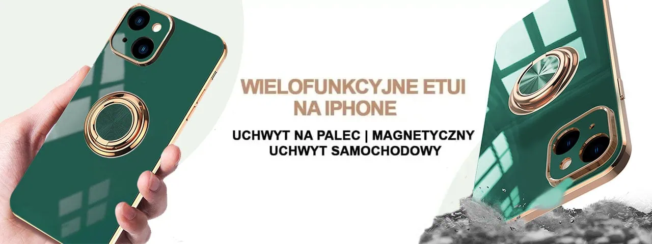 Etui do iPhone 14 eleganckie, ze złotym, metalowym uchwytem i zdobieniami, osłona na aparat, zielone