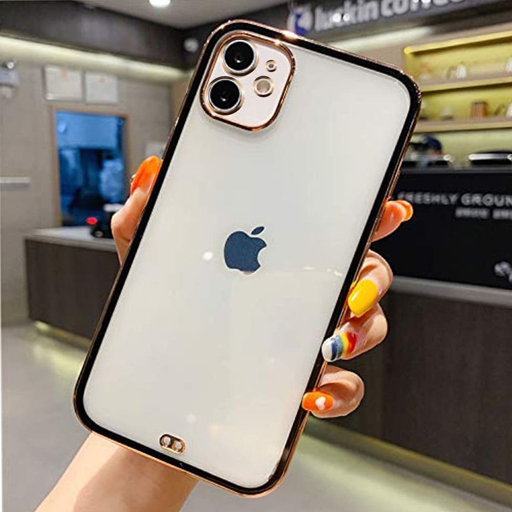 Etui do iPhone 12 Fashion Gold przeźroczysty tył, pozłacane elementy, osłona na aparat, czarna ramka (OUTLET)