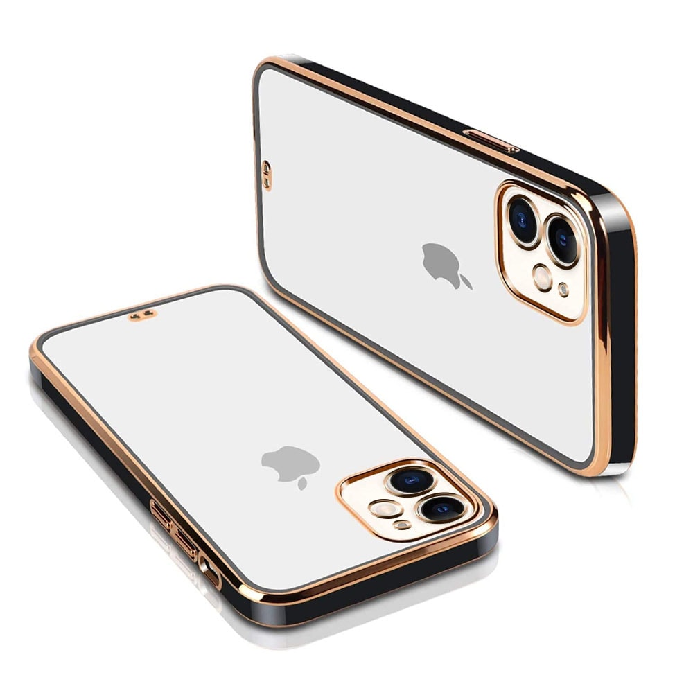 Etui do iPhone 12 Fashion Gold przeźroczysty tył, pozłacane elementy, osłona na aparat, czarna ramka (OUTLET)