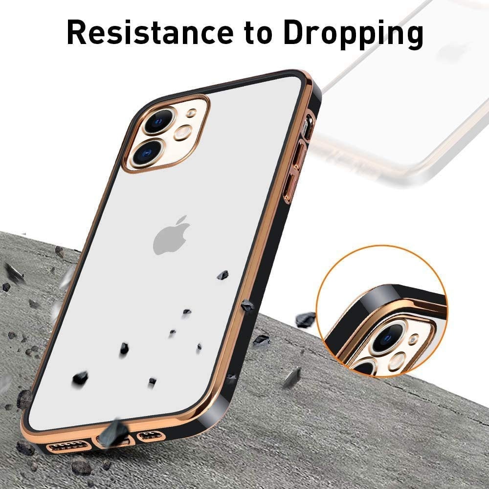 Etui do iPhone 12 Fashion Gold przeźroczysty tył, pozłacane elementy, osłona na aparat, czarna ramka (OUTLET)