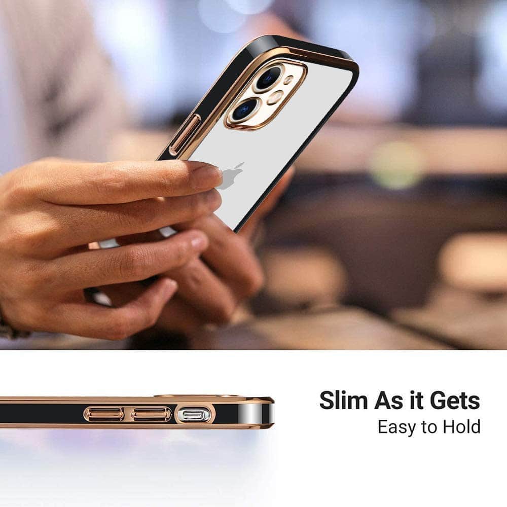 Etui do iPhone 12 Fashion Gold przeźroczysty tył, pozłacane elementy, osłona na aparat, czarna ramka (OUTLET)