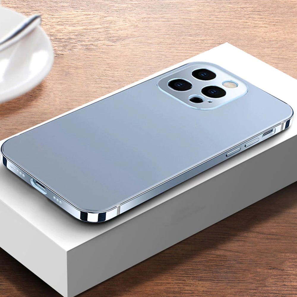 Etui do iPhone 13 Pro Luxury Skin ultra cienkie, pełny tył z metalową ramką, górski błękit