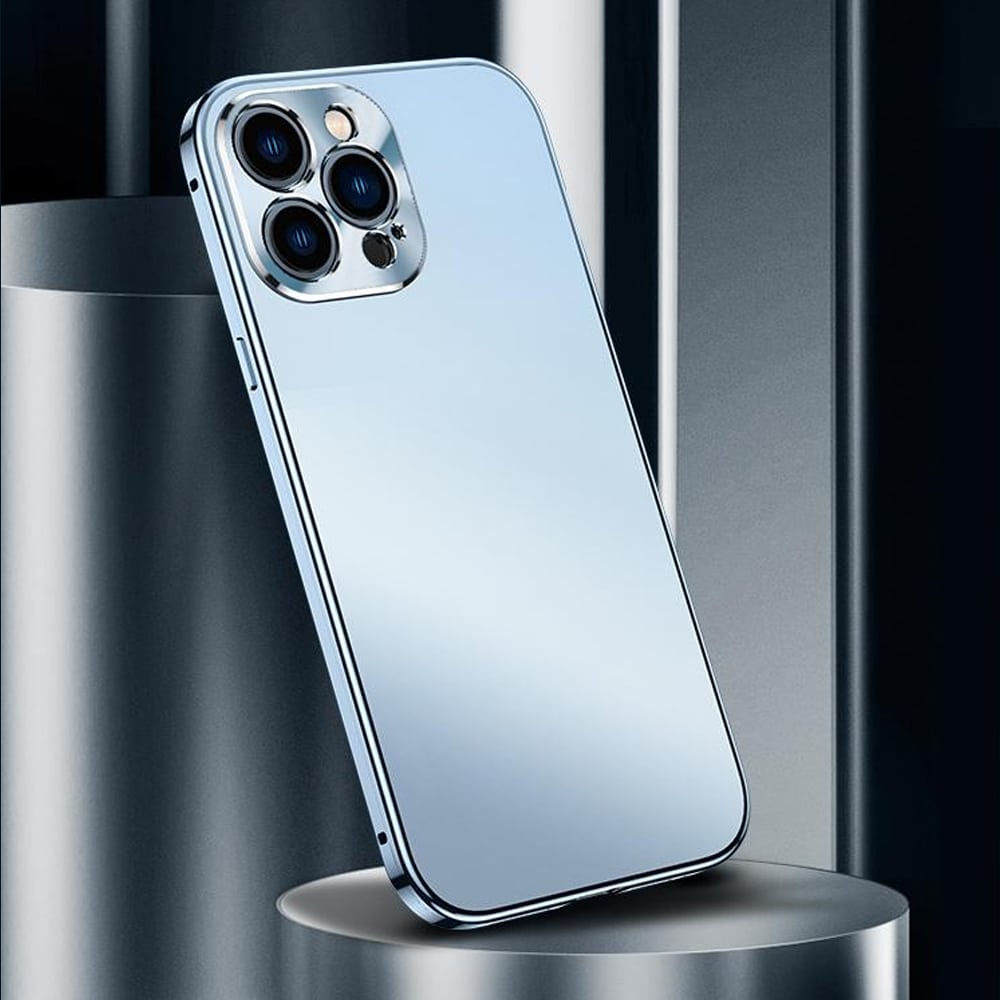Etui do iPhone 13 Pro Luxury Skin ultra cienkie, pełny tył z metalową ramką, górski błękit