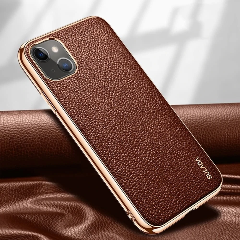 Etui do iPhone 14 Plus eleganckie luksusowe skórzane brązowe ze złotem