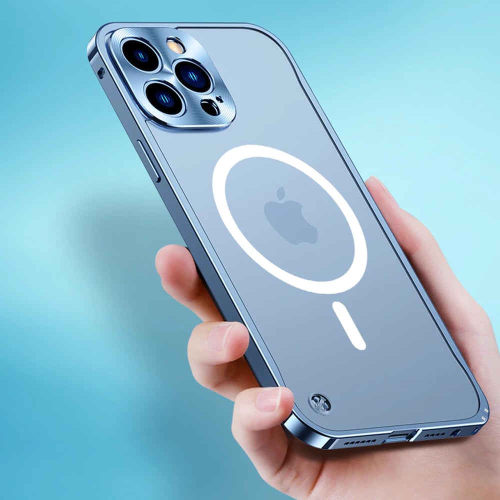 Etui do iPhone 13 Pro Max Magsafe Armor metalowa ramka, twarde aluminium, górski błękit