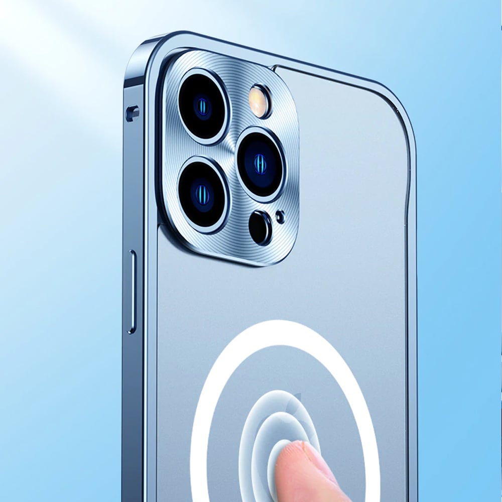 Etui do iPhone 13 Pro Max Magsafe Armor metalowa ramka, twarde aluminium, górski błękit