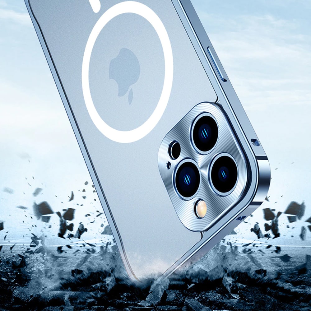 Etui do iPhone 13 Pro Max Magsafe Armor metalowa ramka, twarde aluminium, górski błękit