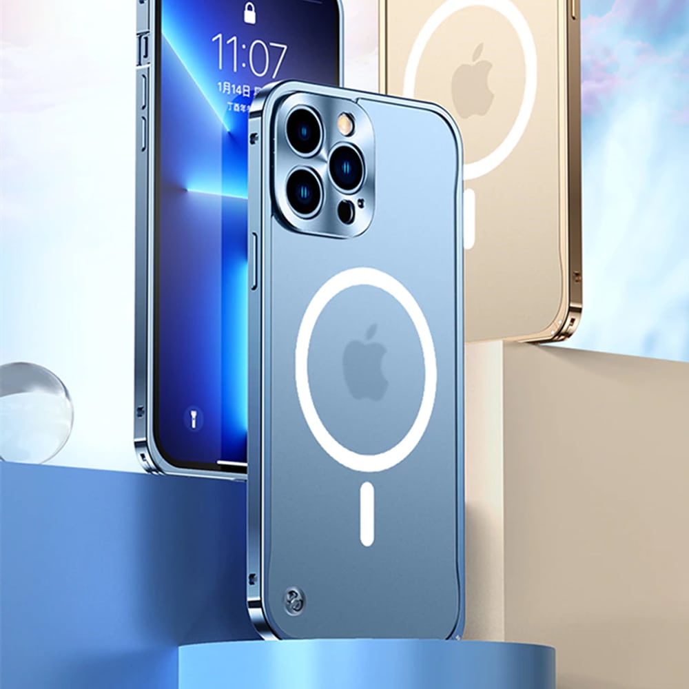 Etui do iPhone 13 Pro Magsafe Armor metalowa ramka, twarde aluminium, górski błękit