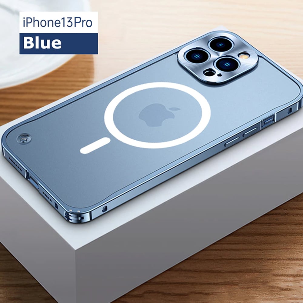 Etui do iPhone 13 Pro Magsafe Armor metalowa ramka, twarde aluminium, górski błękit