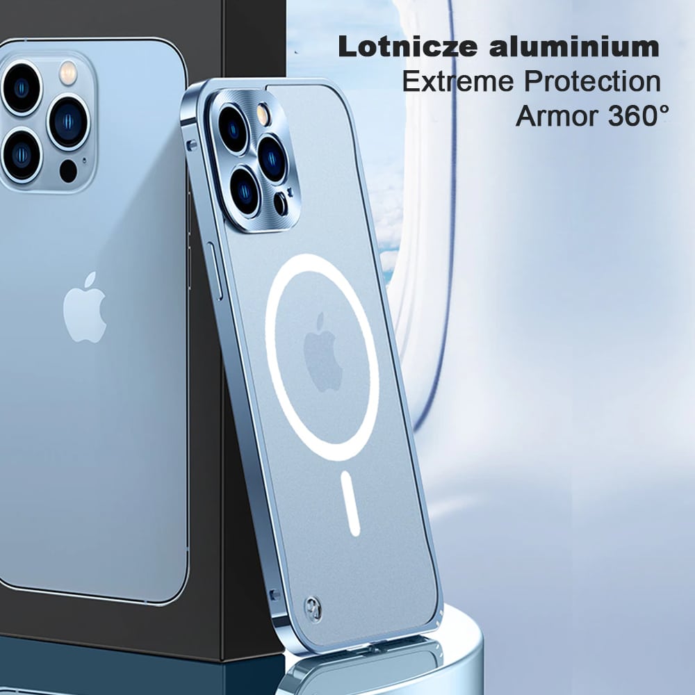 Etui do iPhone 13 Pro Magsafe Armor metalowa ramka, twarde aluminium, górski błękit