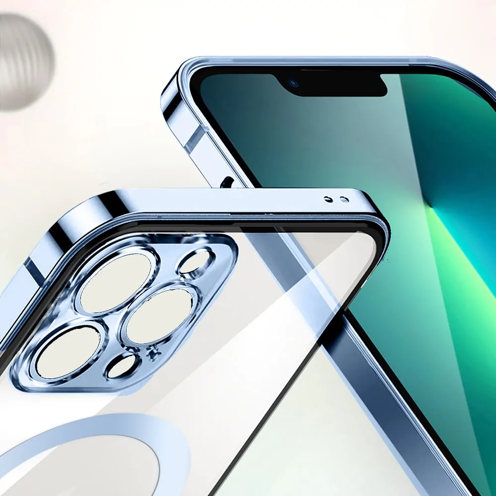 Etui do iPhone 13 Pro Max Ibizu Elite Skin, krystalicznie czyste z metalową ramką, górski błękit z MagSafe (OUTLET)