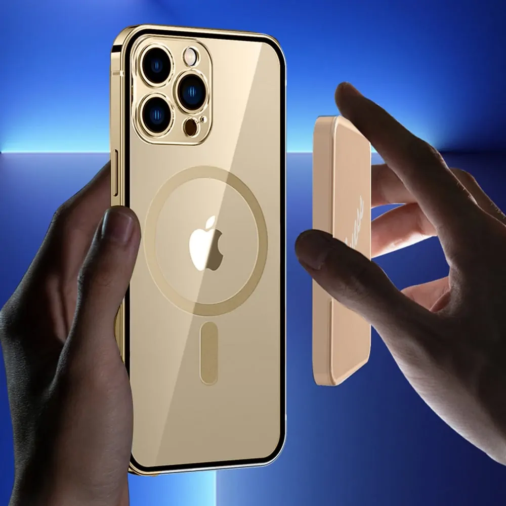 Etui do iPhone 14 Pro Ibizu Elite Skin ultra cienkie, krystalicznie czyste z metalową ramką, złote z MagSafe (OUTLET)