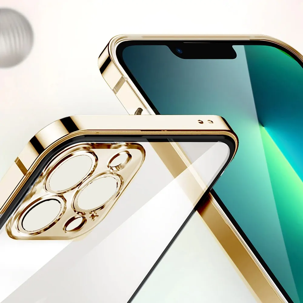 Etui do iPhone 13 Pro Max Ibizu Elite Skin, krystalicznie czyste z metalową ramką, złote