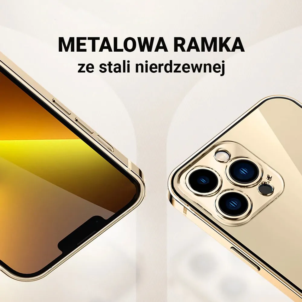Etui do iPhone 13 Pro Max Ibizu Elite Skin, krystalicznie czyste z metalową ramką, złote